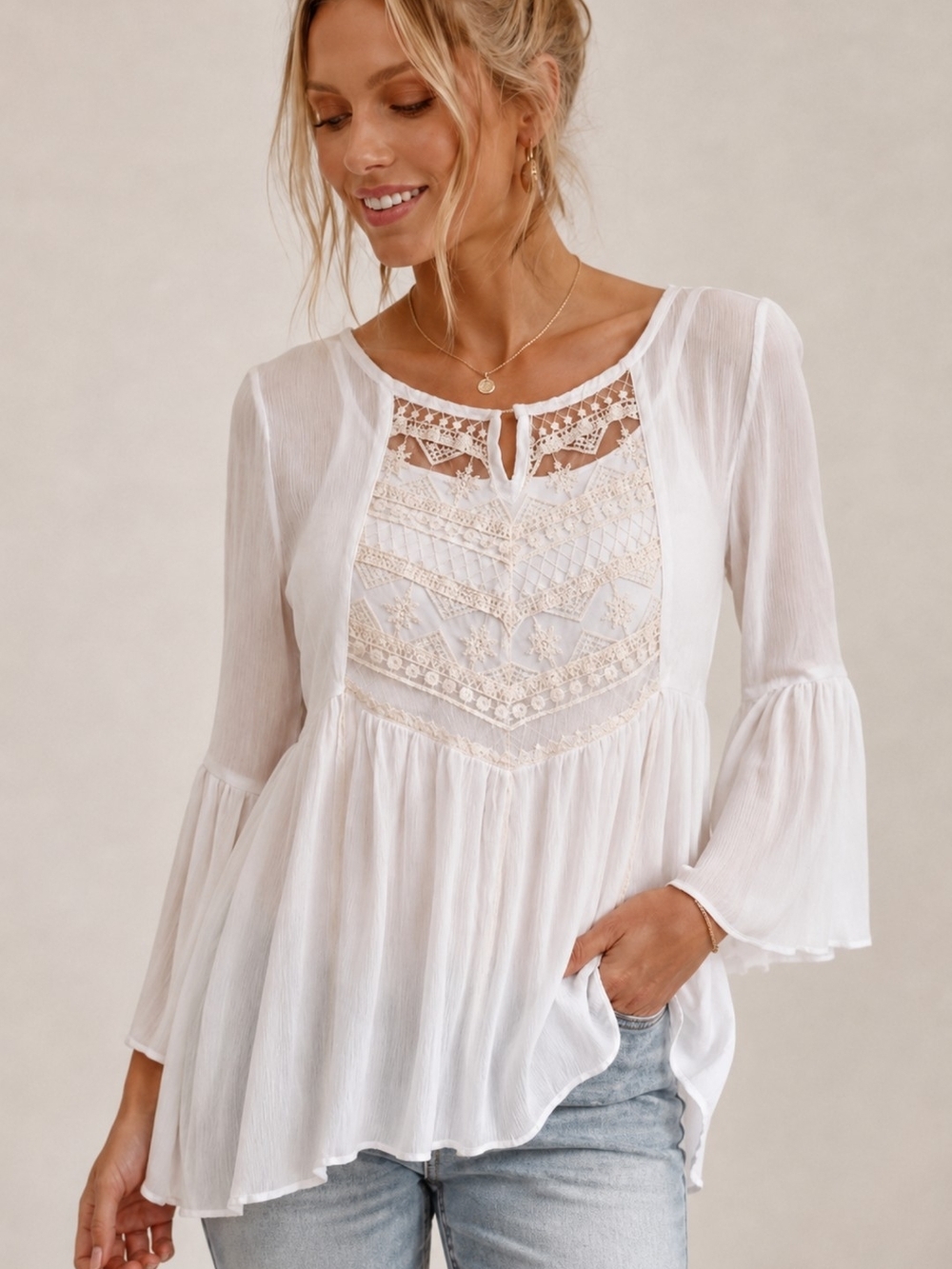 One World Semi-Sheer Lace Boho Blouse with Cami Medium Cottagecore EUC